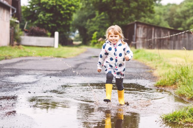 Little toddler girl wearing yellow rain boots, running and walking during sleet on rainy cloudy day. Cute happy child in colorful clothes jumping into puddle, splashing with water, outdoor activity rainy texas weather, areas of standing water, texas watering recommendations, mosquito control tips