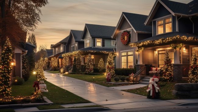 neighborhood street of holiday decorated homes