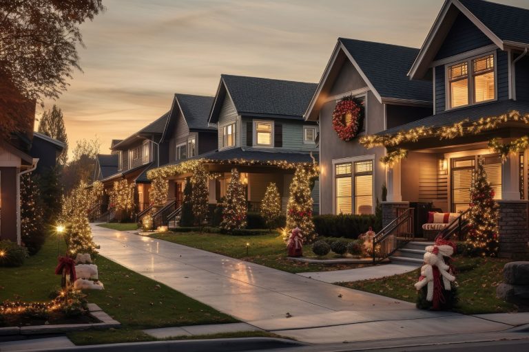 neighborhood street of holiday decorated homes
